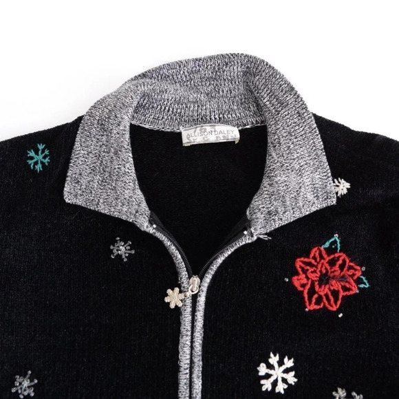Vintage Allison Daley Black Zip Cardigan Holiday Snowflakes Festive Sweater L - Picture 14 of 16